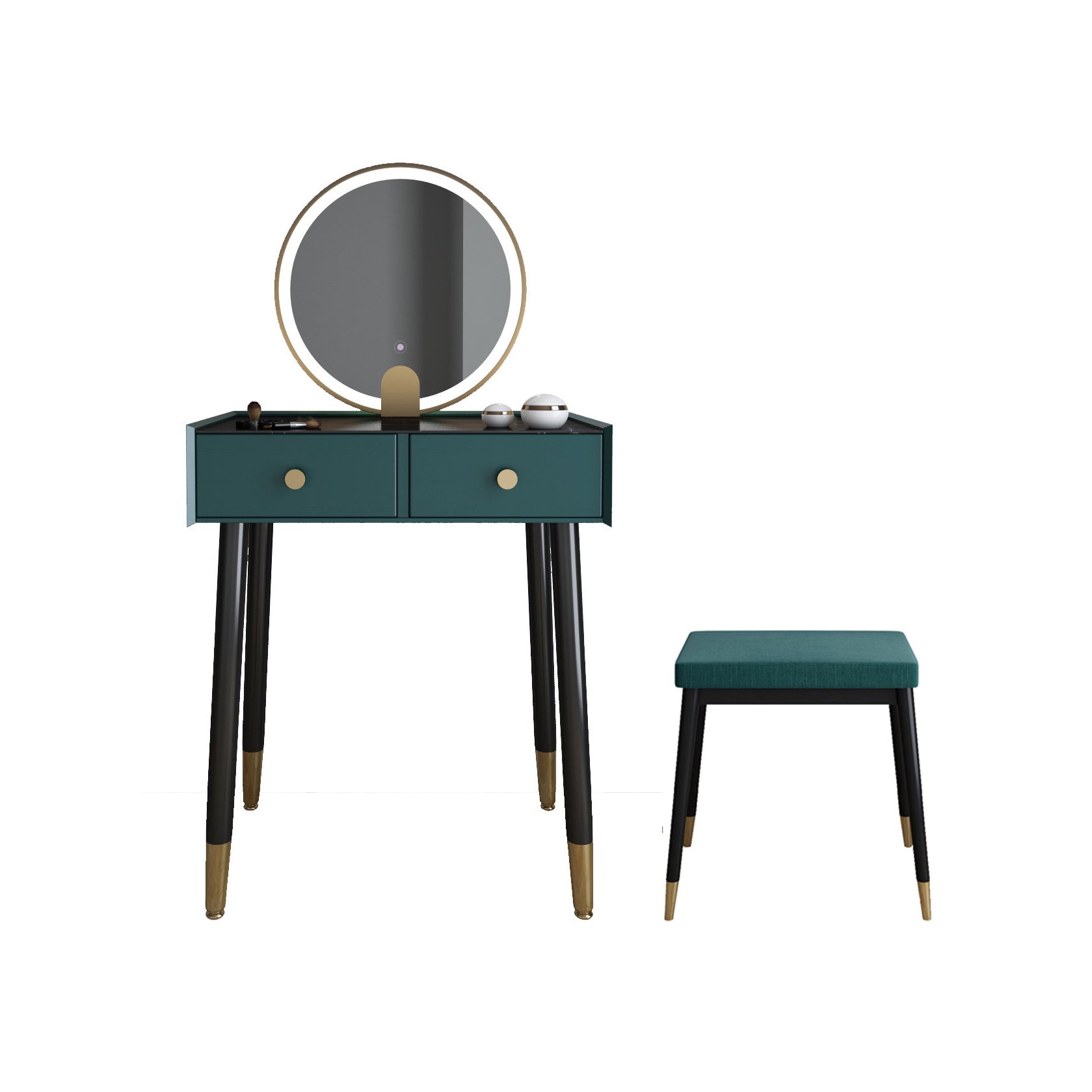 Scandinavian Lighted Mirror Makeup Vanity Desk in Wood Vanity Dressing Table Set Makeup Vanity & Mirror & Stools 24"L x 16"W x 30"H Green Clearhalo 'Bedroom Furniture' 'furn' 'furn_makeup_vanities' 'Furniture' 'Makeup Vanities' 'makeup_vanities' 7323137