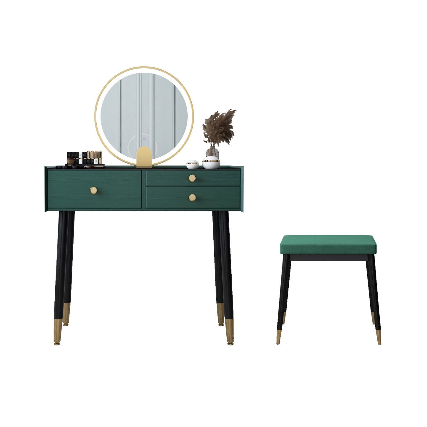 Scandinavian Lighted Mirror Makeup Vanity Desk in Wood Vanity Dressing Table Set Makeup Vanity & Mirror & Stools 31"L x 16"W x 30"H Green Clearhalo 'Bedroom Furniture' 'furn' 'furn_makeup_vanities' 'Furniture' 'Makeup Vanities' 'makeup_vanities' 7323138
