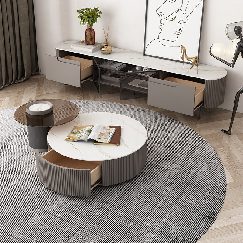 Round Slate Top Coffee Table Glam Drum Coffee Cocktail Table with Drawer Clearhalo 'Coffee & Accent Tables' 'Coffee Tables' 'coffee_tables' 'furn' 'furn_coffee_tables' 'Furniture' 'Living Room Furniture' 7328378