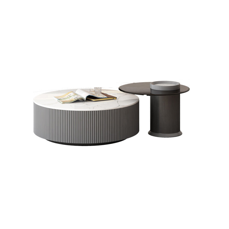 Round Slate Top Coffee Table Glam Drum Coffee Cocktail Table with Drawer Gray Clearhalo 'Coffee & Accent Tables' 'Coffee Tables' 'coffee_tables' 'furn' 'furn_coffee_tables' 'Furniture' 'Living Room Furniture' 7328381