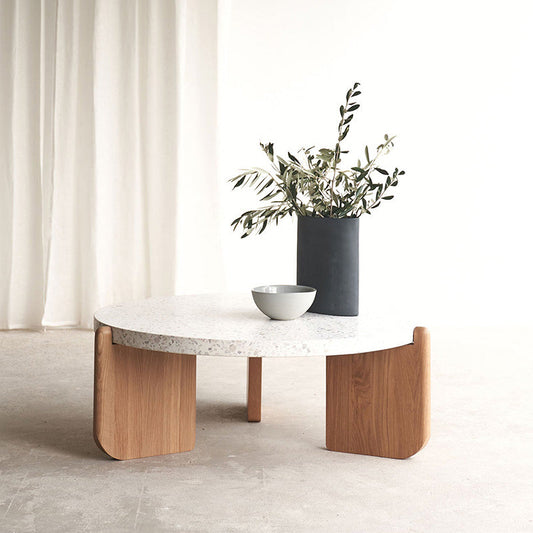 Round Terrazzo Coffee Table Minimalist Wooden 3 Legs Cocktail Table Clearhalo 'Coffee & Accent Tables' 'Coffee Tables' 'coffee_tables' 'furn' 'furn_coffee_tables' 'Furniture' 'Living Room Furniture' 7333527