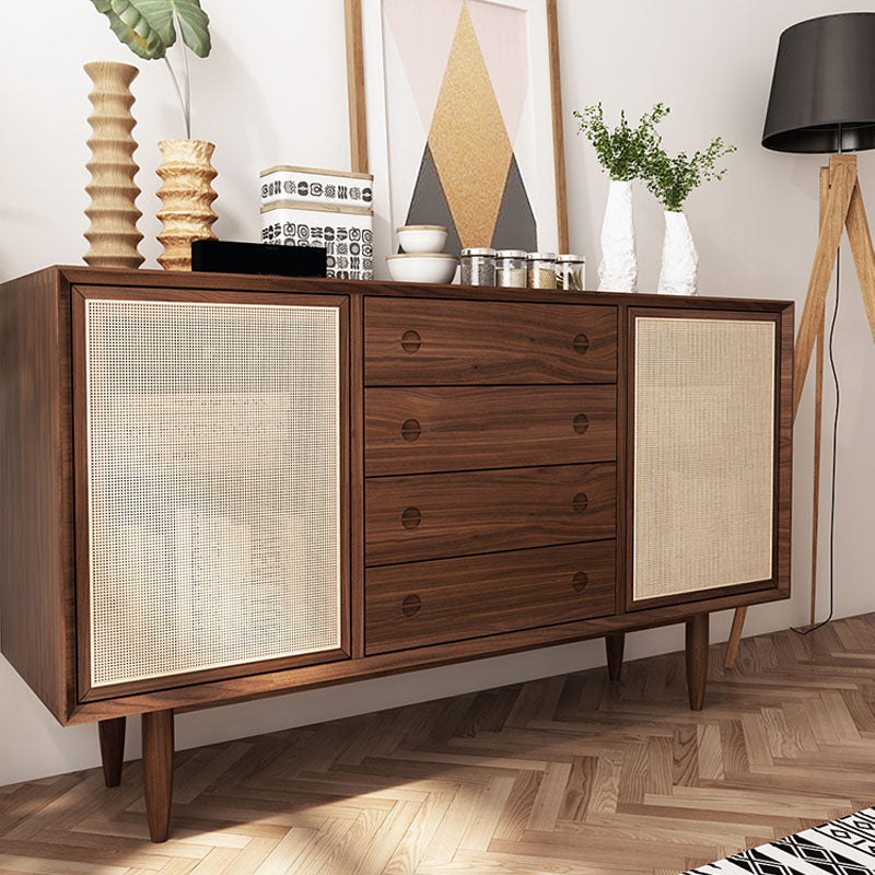 Servitore a buffet di vimini contemporanei in legno massiccio di pine