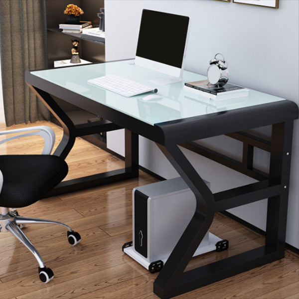 Glass Top Rectangular Gaming Desk 29.53 Inch Tall Sled Base Computer Desk Black White Shelf Not Included Clearhalo 'furn' 'furn_office_desk' 'Furniture' 'Office Desks' 'Office Furniture' 'office_desk' 7336106