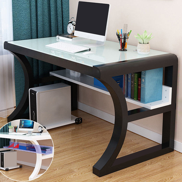 Glass Top Rectangular Gaming Desk 29.53 Inch Tall Sled Base Computer Desk Black White 1 Clearhalo 'furn' 'furn_office_desk' 'Furniture' 'Office Desks' 'Office Furniture' 'office_desk' 7336109