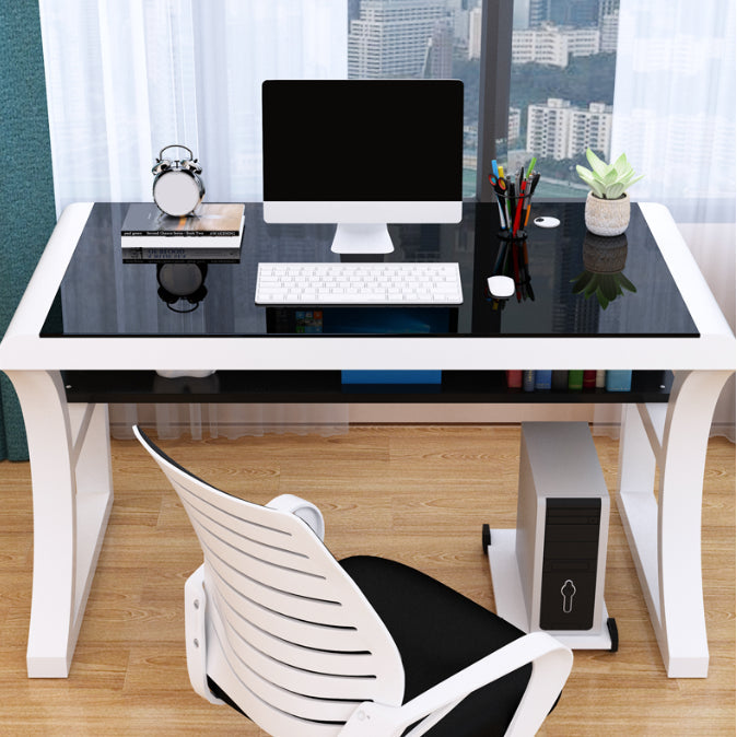 Glass Top Rectangular Gaming Desk 29.53 Inch Tall Sled Base Computer Desk White-Black 1 Clearhalo 'furn' 'furn_office_desk' 'Furniture' 'Office Desks' 'Office Furniture' 'office_desk' 7336112