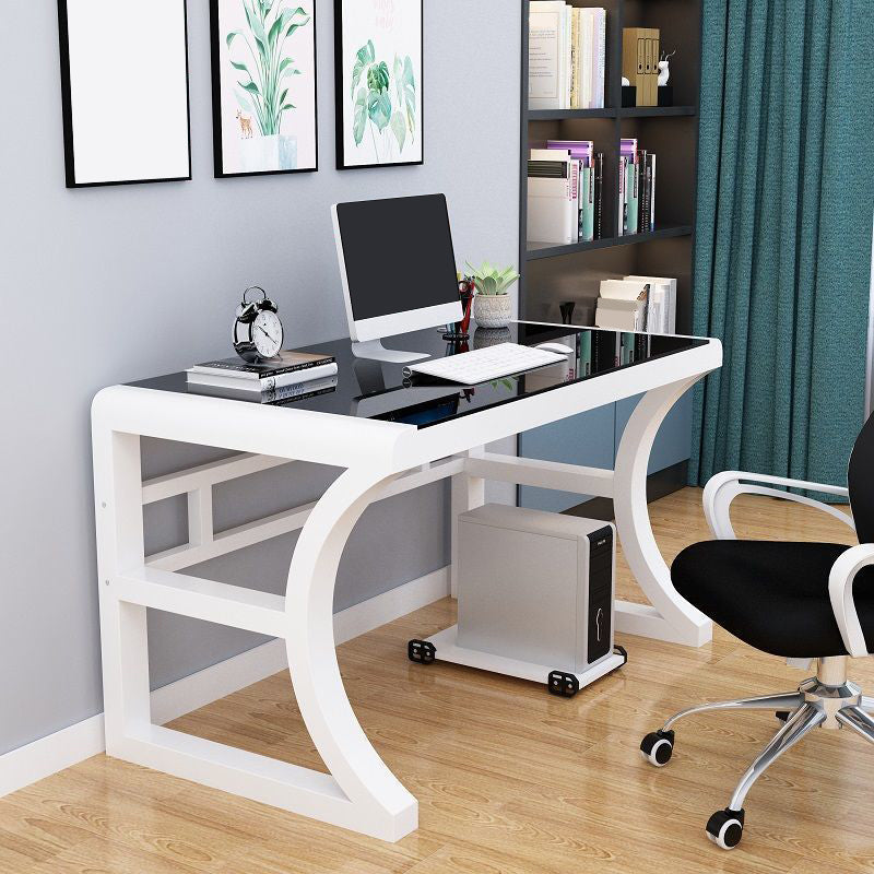 Glass Top Rectangular Gaming Desk 29.53 Inch Tall Sled Base Computer Desk Clearhalo 'furn' 'furn_office_desk' 'Furniture' 'Office Desks' 'Office Furniture' 'office_desk' 7336121