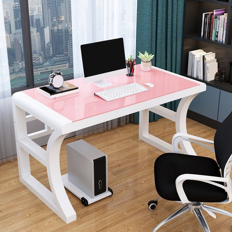 Glass Top Rectangular Gaming Desk 29.53 Inch Tall Sled Base Computer Desk White-Pink Shelf Not Included Clearhalo 'furn' 'furn_office_desk' 'Furniture' 'Office Desks' 'Office Furniture' 'office_desk' 7336122