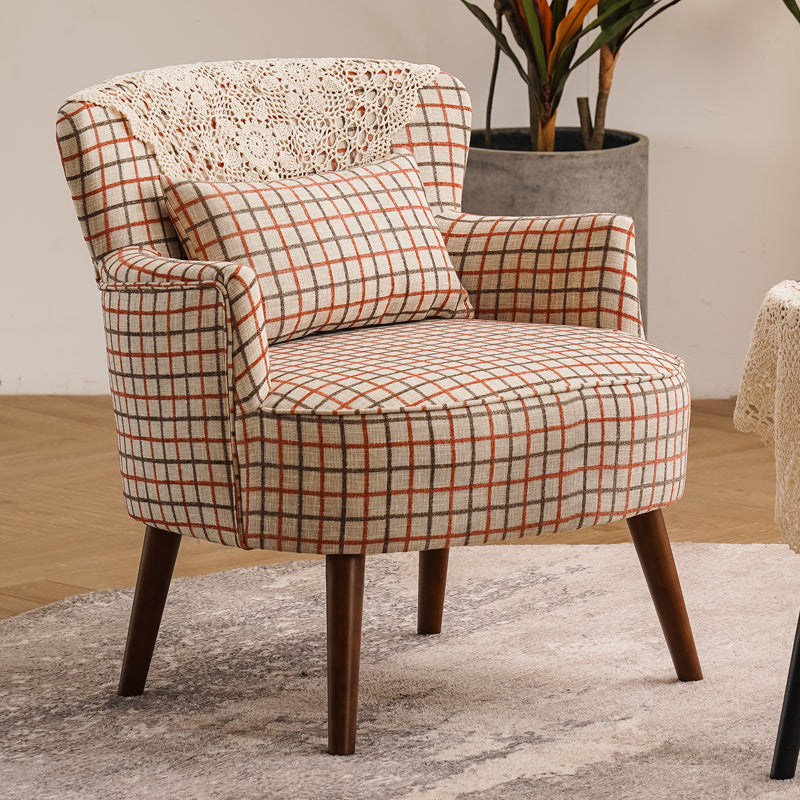 Fabric Wooden Lounge Chair Arms Included Side Chair for Living Room Pink Square Plaid Cotton and Linen 1 Piece Clearhalo 'Accent Chairs' 'accent_chairs' 'Chairs & Seating' 'furn' 'furn_accent_chairs' 'Furniture' 'Living Room Furniture' 7337170