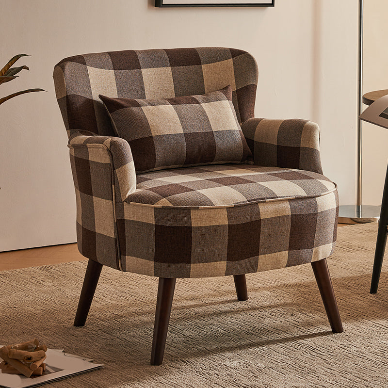 Fabric Wooden Lounge Chair Arms Included Side Chair for Living Room Brown Square Plaid Cotton and Linen 1 Piece Clearhalo 'Accent Chairs' 'accent_chairs' 'Chairs & Seating' 'furn' 'furn_accent_chairs' 'Furniture' 'Living Room Furniture' 7337185
