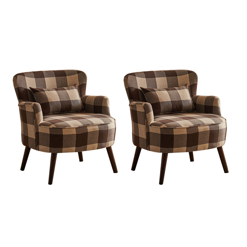 Fabric Wooden Lounge Chair Arms Included Side Chair for Living Room Brown Square Plaid Cotton and Linen 2 Piece Set Clearhalo 'Accent Chairs' 'accent_chairs' 'Chairs & Seating' 'furn' 'furn_accent_chairs' 'Furniture' 'Living Room Furniture' 7337187