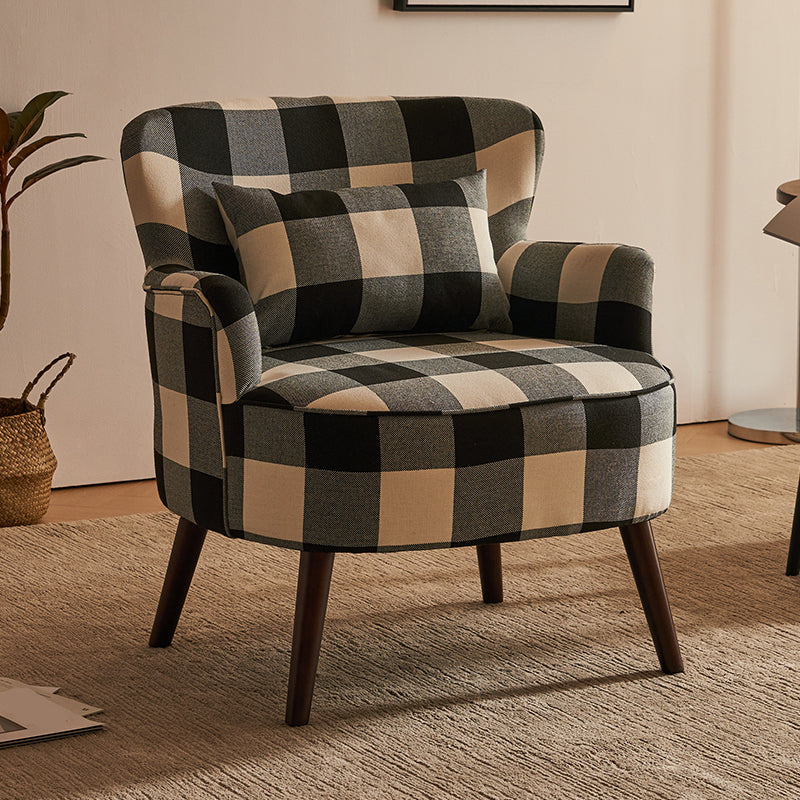 Fabric Wooden Lounge Chair Arms Included Side Chair for Living Room Black Plaid Cotton and Linen 1 Piece Clearhalo 'Accent Chairs' 'accent_chairs' 'Chairs & Seating' 'furn' 'furn_accent_chairs' 'Furniture' 'Living Room Furniture' 7337189