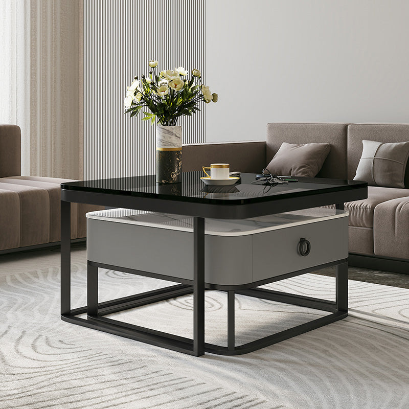 Table basse avec plateau en verre/ardoise, cadre contemporain, table de cocktail avec tiroirs