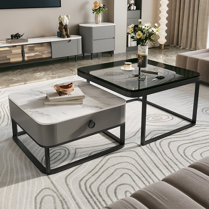 Table basse avec plateau en verre/ardoise, cadre contemporain, table de cocktail avec tiroirs