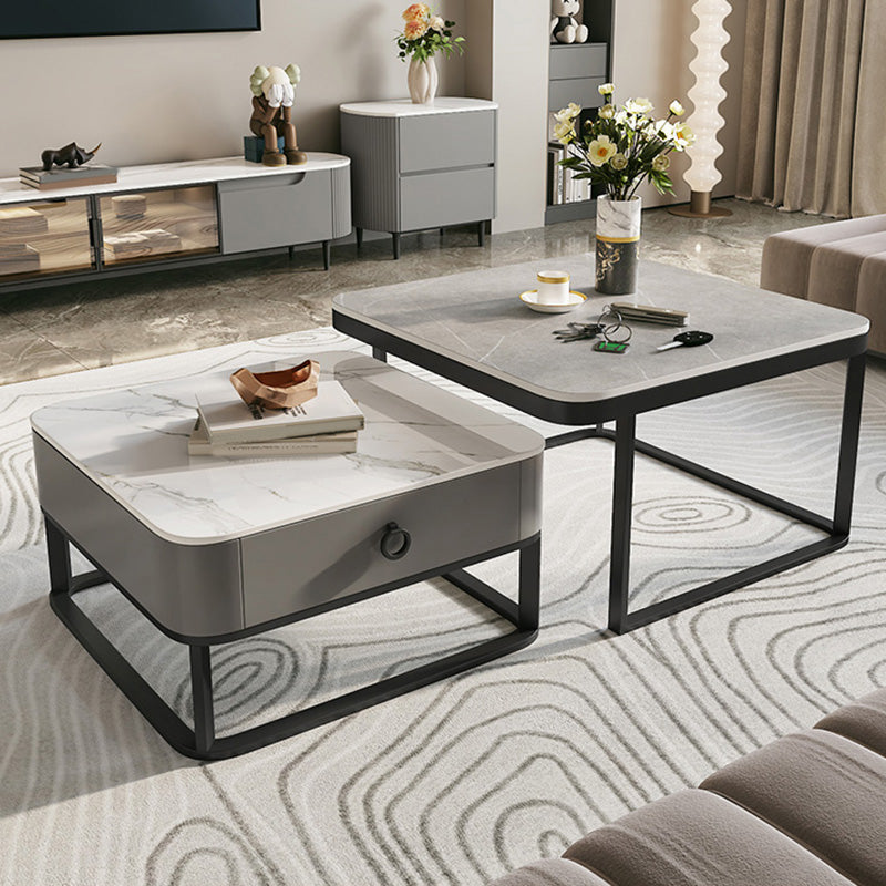 Table basse avec plateau en verre/ardoise, cadre contemporain, table de cocktail avec tiroirs