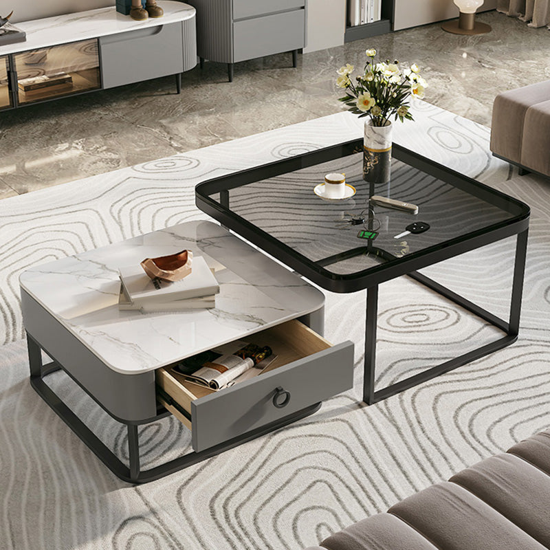 Table basse avec plateau en verre/ardoise, cadre contemporain, table de cocktail avec tiroirs
