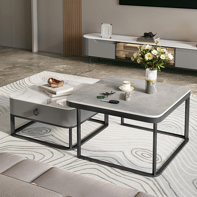 Table basse avec plateau en verre/ardoise, cadre contemporain, table de cocktail avec tiroirs