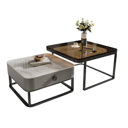 Table basse avec plateau en verre/ardoise, cadre contemporain, table de cocktail avec tiroirs
