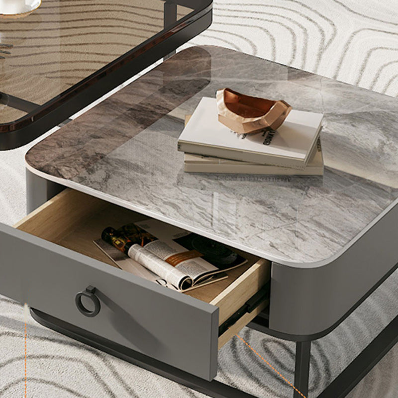 Table basse avec plateau en verre/ardoise, cadre contemporain, table de cocktail avec tiroirs