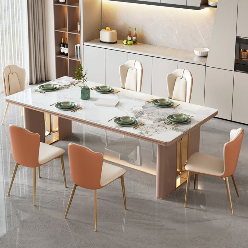 Modern Style 1/4/5/6/7 Pieces Dining Room Table Rectangle Stone Furniture in White 7 Pieces: Table, 6 Chairs Clearhalo 'Dining Room Sets' 'Dining Tables & Seating' 'dining_room_set' 'furn' 'furn_dining_room_set' 'Furniture' 'Kitchen & Dining Furniture' 7339264