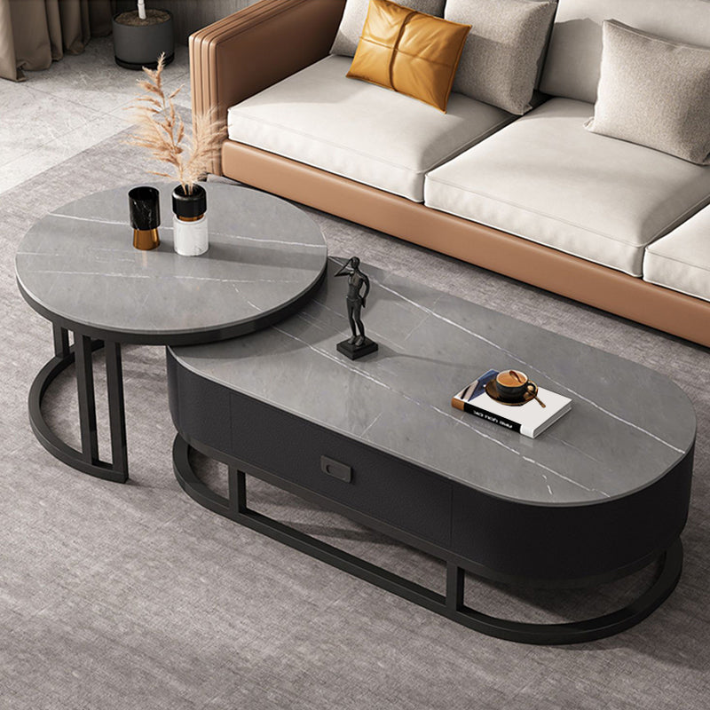 Oval Coffee Table Slate Nesting Coffee Table Set with Black Legs Clearhalo 'Coffee & Accent Tables' 'Coffee Tables' 'coffee_tables' 'furn' 'furn_coffee_tables' 'Furniture' 'Living Room Furniture' 7344969