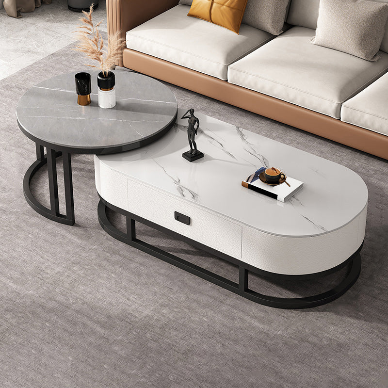 Oval Coffee Table Slate Nesting Coffee Table Set with Black Legs White Grey Drawers Included Clearhalo 'Coffee & Accent Tables' 'Coffee Tables' 'coffee_tables' 'furn' 'furn_coffee_tables' 'Furniture' 'Living Room Furniture' 7344970