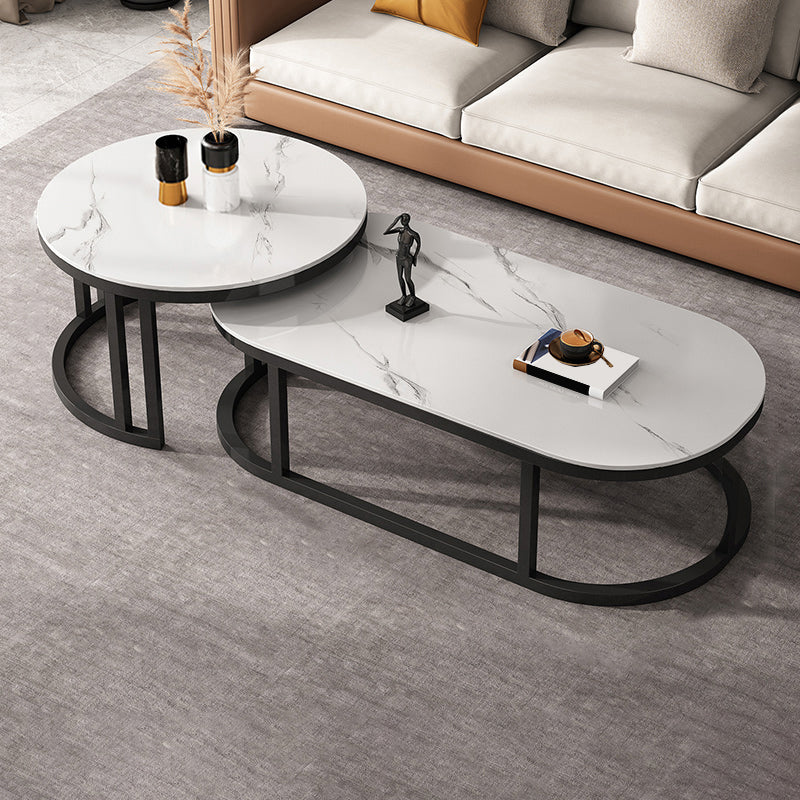 Oval Coffee Table Slate Nesting Coffee Table Set with Black Legs White Drawers Not Included Clearhalo 'Coffee & Accent Tables' 'Coffee Tables' 'coffee_tables' 'furn' 'furn_coffee_tables' 'Furniture' 'Living Room Furniture' 7344971