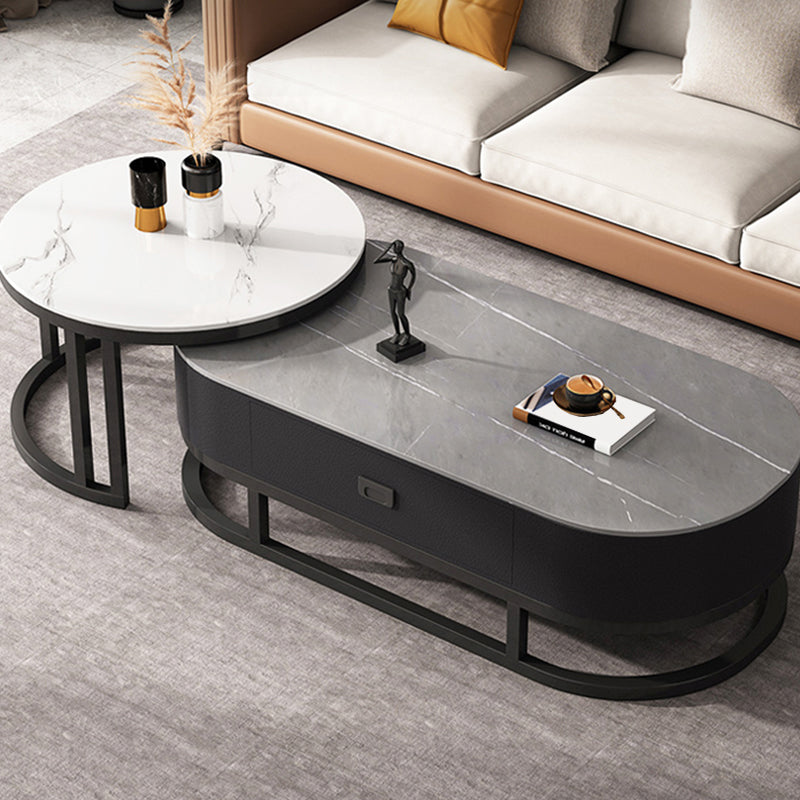 Oval Coffee Table Slate Nesting Coffee Table Set with Black Legs Clearhalo 'Coffee & Accent Tables' 'Coffee Tables' 'coffee_tables' 'furn' 'furn_coffee_tables' 'Furniture' 'Living Room Furniture' 7344972