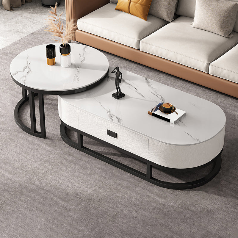 Oval Coffee Table Slate Nesting Coffee Table Set with Black Legs White Drawers Included Clearhalo 'Coffee & Accent Tables' 'Coffee Tables' 'coffee_tables' 'furn' 'furn_coffee_tables' 'Furniture' 'Living Room Furniture' 7344973
