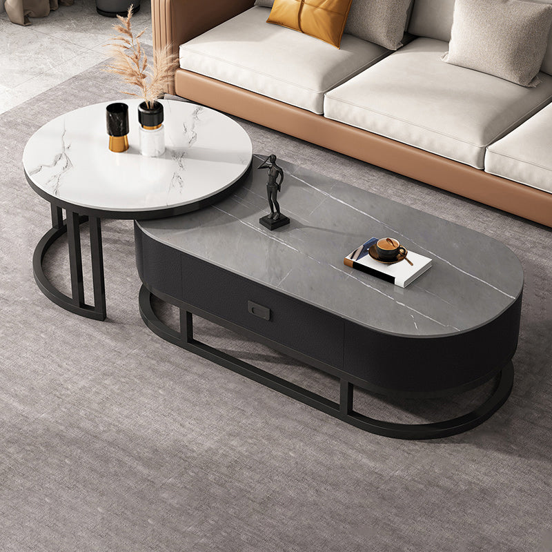 Oval Coffee Table Slate Nesting Coffee Table Set with Black Legs Grey White Drawers Included Clearhalo 'Coffee & Accent Tables' 'Coffee Tables' 'coffee_tables' 'furn' 'furn_coffee_tables' 'Furniture' 'Living Room Furniture' 7344975