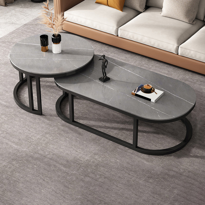 Oval Coffee Table Slate Nesting Coffee Table Set with Black Legs Gray Drawers Not Included Clearhalo 'Coffee & Accent Tables' 'Coffee Tables' 'coffee_tables' 'furn' 'furn_coffee_tables' 'Furniture' 'Living Room Furniture' 7344982