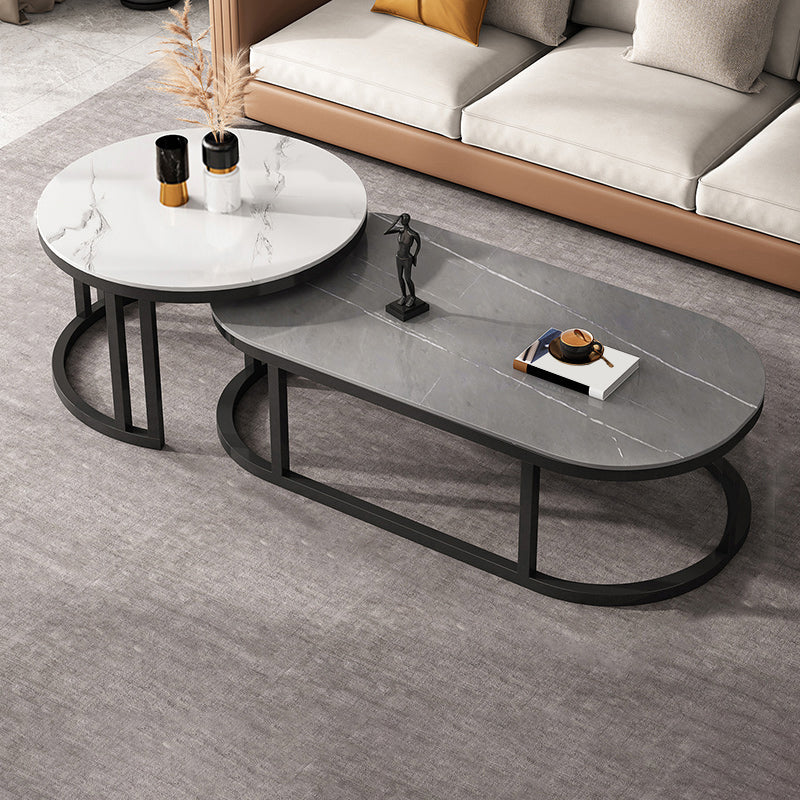 Oval Coffee Table Slate Nesting Coffee Table Set with Black Legs Grey White Drawers Not Included Clearhalo 'Coffee & Accent Tables' 'Coffee Tables' 'coffee_tables' 'furn' 'furn_coffee_tables' 'Furniture' 'Living Room Furniture' 7344984