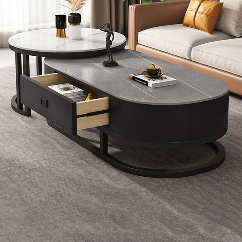 Oval Coffee Table Slate Nesting Coffee Table Set with Black Legs Clearhalo 'Coffee & Accent Tables' 'Coffee Tables' 'coffee_tables' 'furn' 'furn_coffee_tables' 'Furniture' 'Living Room Furniture' 7344985