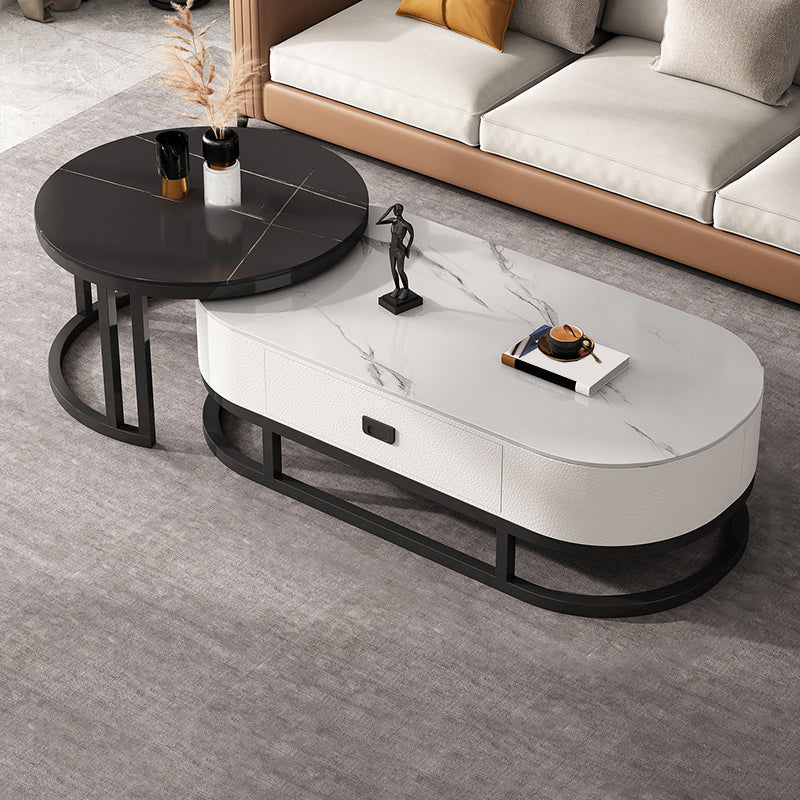 Oval Coffee Table Slate Nesting Coffee Table Set with Black Legs White Black Drawers Included Clearhalo 'Coffee & Accent Tables' 'Coffee Tables' 'coffee_tables' 'furn' 'furn_coffee_tables' 'Furniture' 'Living Room Furniture' 7344986