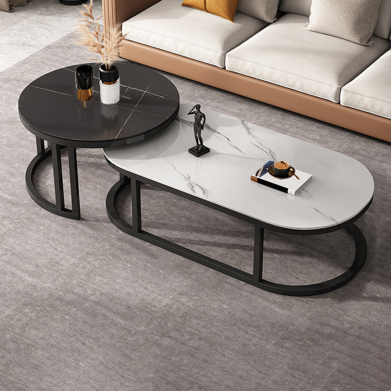 Oval Coffee Table Slate Nesting Coffee Table Set with Black Legs White Black Drawers Not Included Clearhalo 'Coffee & Accent Tables' 'Coffee Tables' 'coffee_tables' 'furn' 'furn_coffee_tables' 'Furniture' 'Living Room Furniture' 7344988