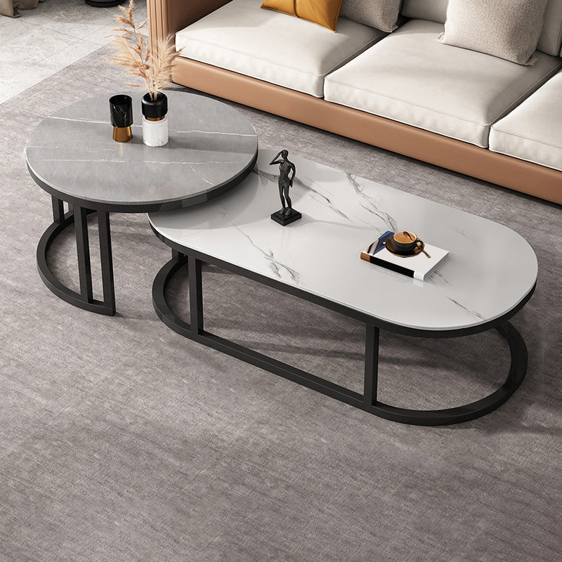 Oval Coffee Table Slate Nesting Coffee Table Set with Black Legs White Grey Drawers Not Included Clearhalo 'Coffee & Accent Tables' 'Coffee Tables' 'coffee_tables' 'furn' 'furn_coffee_tables' 'Furniture' 'Living Room Furniture' 7344989