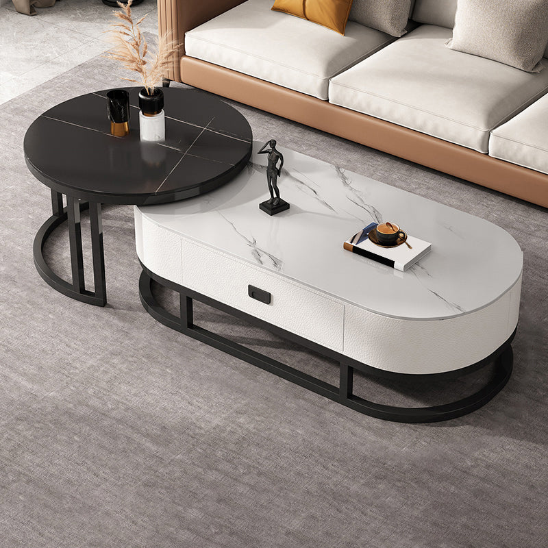 Slate Coffee Table Oval Nesting Coffee Table Set with Metal Legs