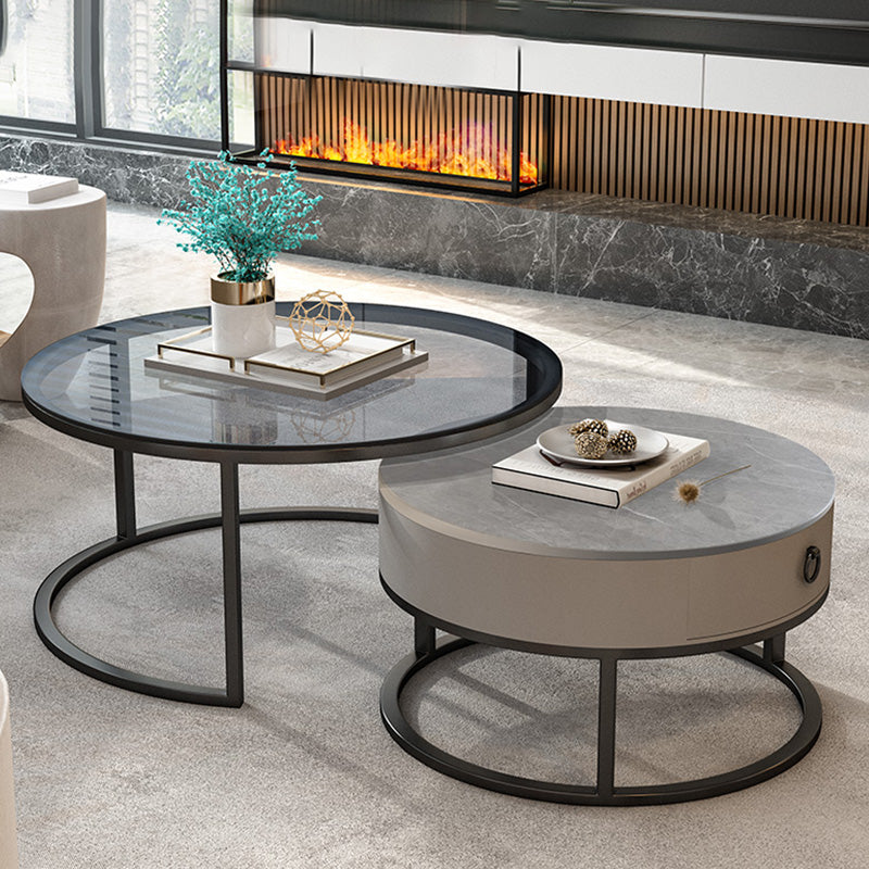 Round Glass Top Coffee Table Contemporary Frame Coffee Cocktail Table with Drawers Black Gray Clearhalo 'Coffee & Accent Tables' 'Coffee Tables' 'coffee_tables' 'furn' 'furn_coffee_tables' 'Furniture' 'Living Room Furniture' 7349842