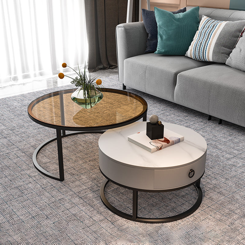 Round Glass Top Coffee Table Contemporary Frame Coffee Cocktail Table with Drawers Black Brown Clearhalo 'Coffee & Accent Tables' 'Coffee Tables' 'coffee_tables' 'furn' 'furn_coffee_tables' 'Furniture' 'Living Room Furniture' 7349843