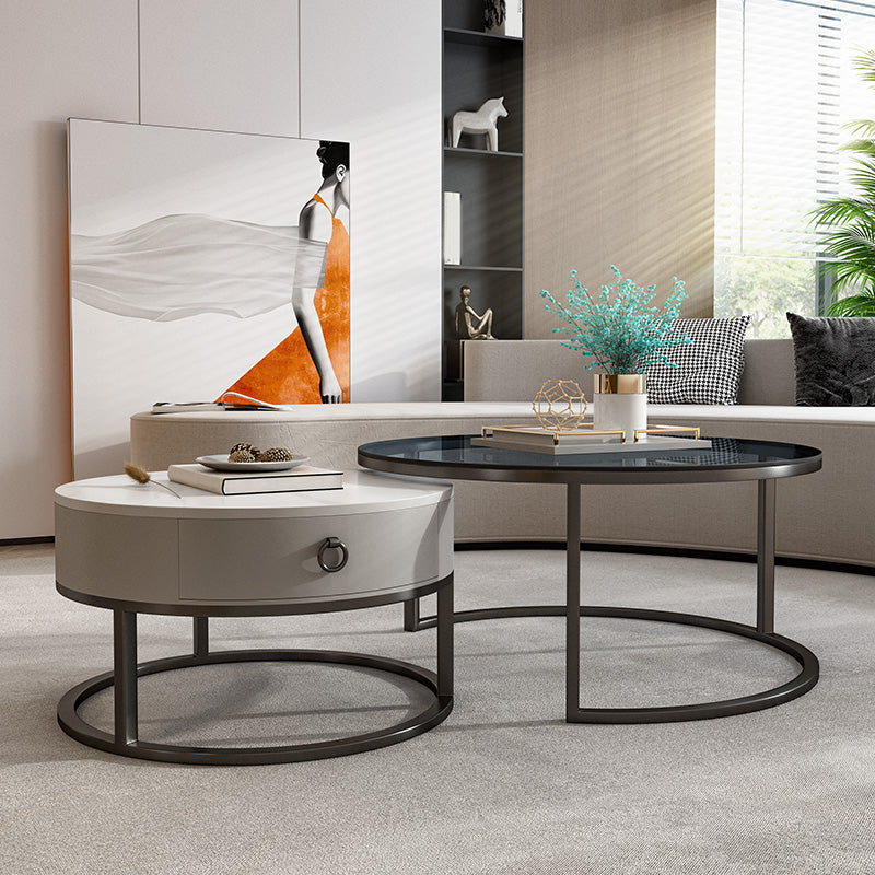 Round Glass Top Coffee Table Contemporary Frame Coffee Cocktail Table with Drawers Clearhalo 'Coffee & Accent Tables' 'Coffee Tables' 'coffee_tables' 'furn' 'furn_coffee_tables' 'Furniture' 'Living Room Furniture' 7349844