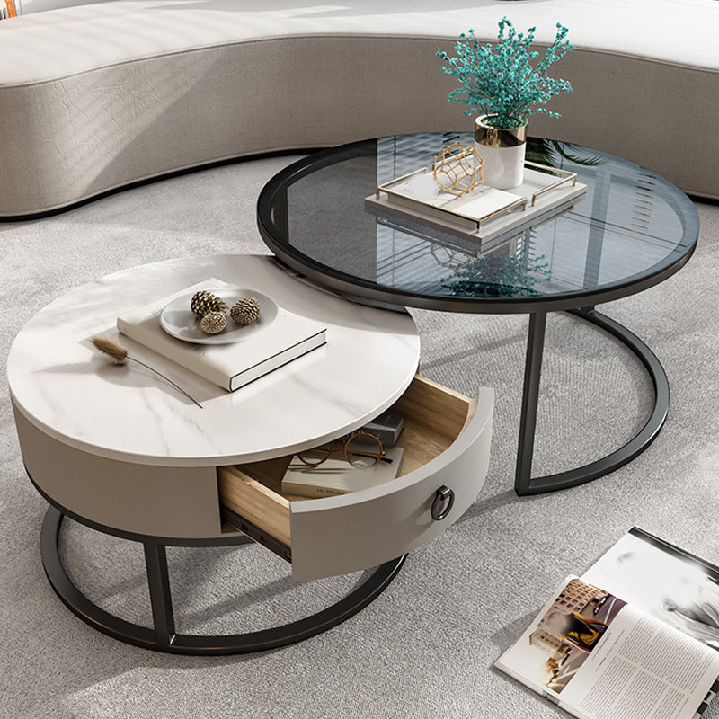 Round Glass Top Coffee Table Contemporary Frame Coffee Cocktail Table with Drawers Clearhalo 'Coffee & Accent Tables' 'Coffee Tables' 'coffee_tables' 'furn' 'furn_coffee_tables' 'Furniture' 'Living Room Furniture' 7349846