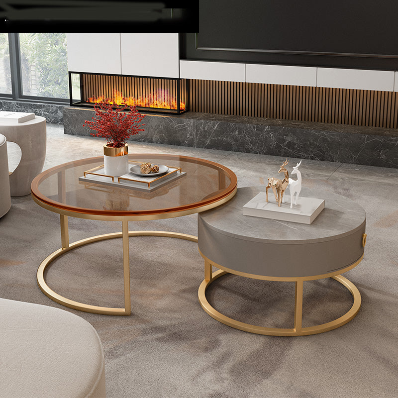 Round Glass Top Coffee Table Contemporary Frame Coffee Cocktail Table with Drawers Gold Gray Clearhalo 'Coffee & Accent Tables' 'Coffee Tables' 'coffee_tables' 'furn' 'furn_coffee_tables' 'Furniture' 'Living Room Furniture' 7349847