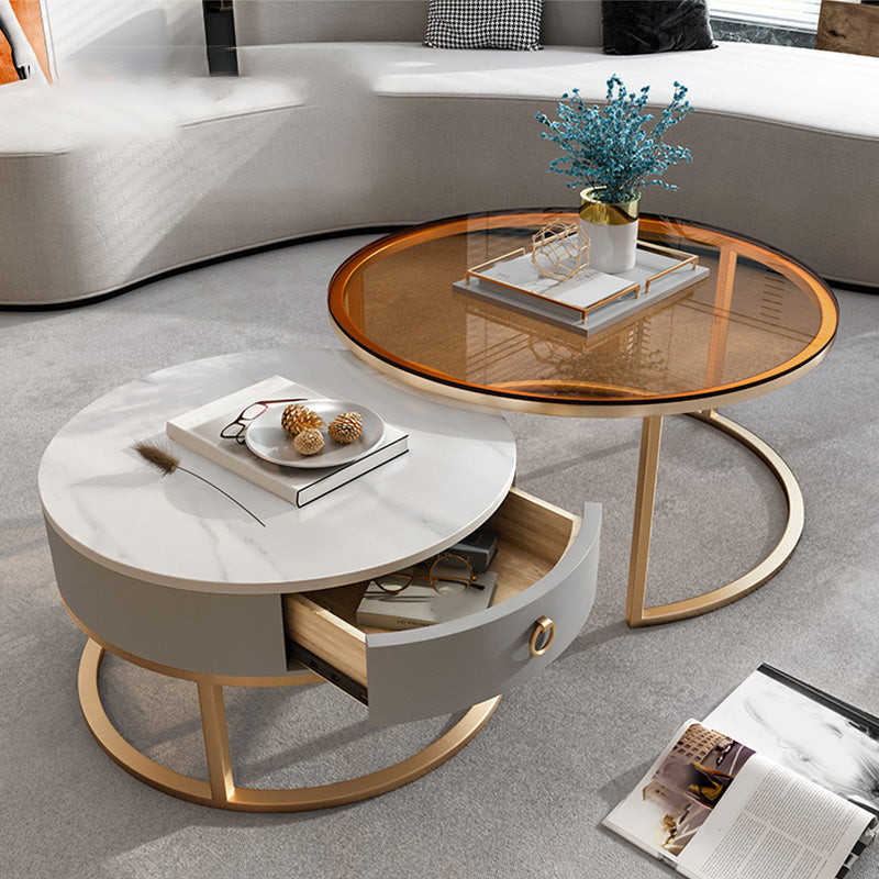 Round Glass Top Coffee Table Contemporary Frame Coffee Cocktail Table with Drawers Clearhalo 'Coffee & Accent Tables' 'Coffee Tables' 'coffee_tables' 'furn' 'furn_coffee_tables' 'Furniture' 'Living Room Furniture' 7349848