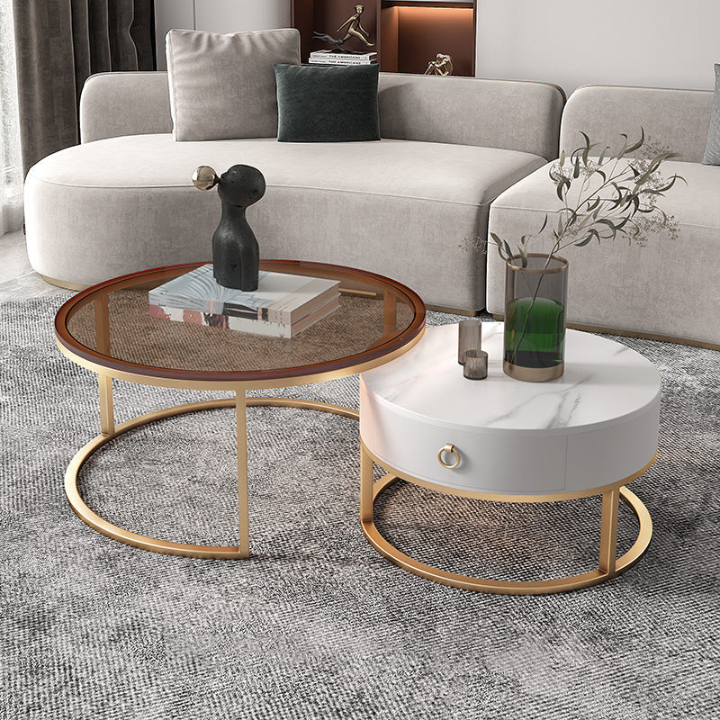 Round Glass Top Coffee Table Contemporary Frame Coffee Cocktail Table with Drawers Gold White Clearhalo 'Coffee & Accent Tables' 'Coffee Tables' 'coffee_tables' 'furn' 'furn_coffee_tables' 'Furniture' 'Living Room Furniture' 7349849