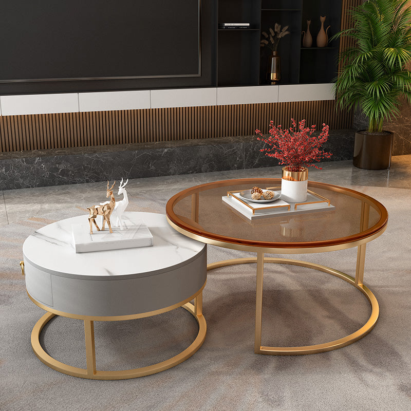 Round Glass Top Coffee Table Contemporary Frame Coffee Cocktail Table with Drawers Gold White Grey Clearhalo 'Coffee & Accent Tables' 'Coffee Tables' 'coffee_tables' 'furn' 'furn_coffee_tables' 'Furniture' 'Living Room Furniture' 7349851