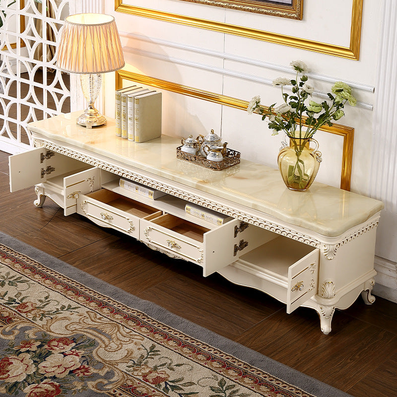 Glam Media Console Marble Open Shelving TV Stand for Living Room 94.5"L x 18"W x 10"H Ivory Clearhalo 'furn' 'furn_tv_stands_entertainment_centers' 'Furniture' 'Living Room Furniture' 'TV Stands & Entertainment Centers' 'TV Stands & Media Storage Furniture' 'tv_stands_entertainment_centers' 7350573