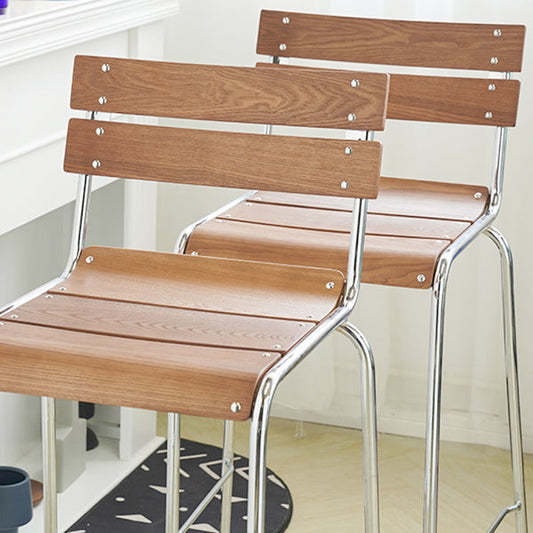 Modern Armless Backrest Counter Stool Iron Bar Stool with Wooden Seat and Pedal for Cafe