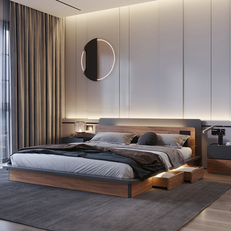 Contemporary Standard Bed Wood Lift Up Storage Panel Bed with Headboard