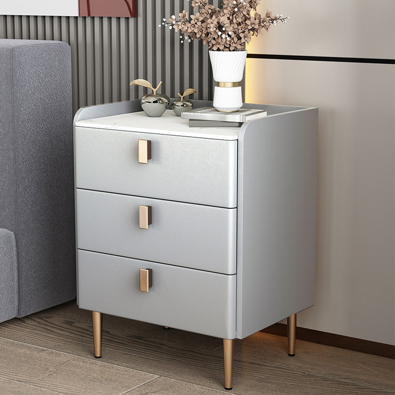 Contemporary Bed Nightstand Stone Bedside Cabinet with 3 Drawers Light Gray Gold 1 Piece Clearhalo 'Bedroom Furniture' 'furn' 'furn_night_stand' 'Furniture' 'night_stand' 'Nightstands' 7357045