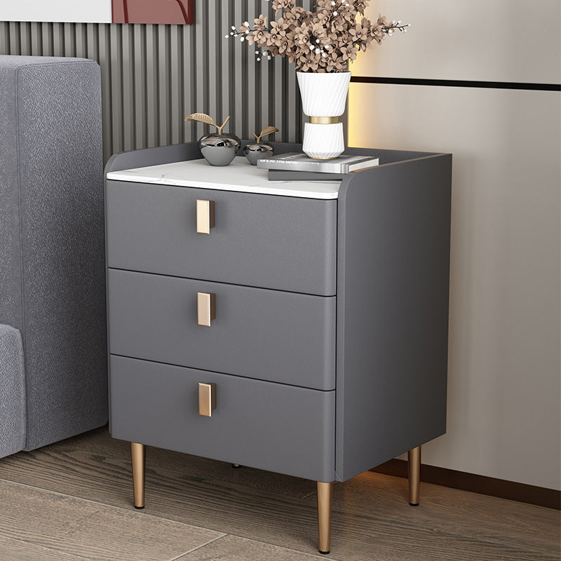 Contemporary Bed Nightstand Stone Bedside Cabinet with 3 Drawers Dark Gray Gold 1 Piece Clearhalo 'Bedroom Furniture' 'furn' 'furn_night_stand' 'Furniture' 'night_stand' 'Nightstands' 7357067