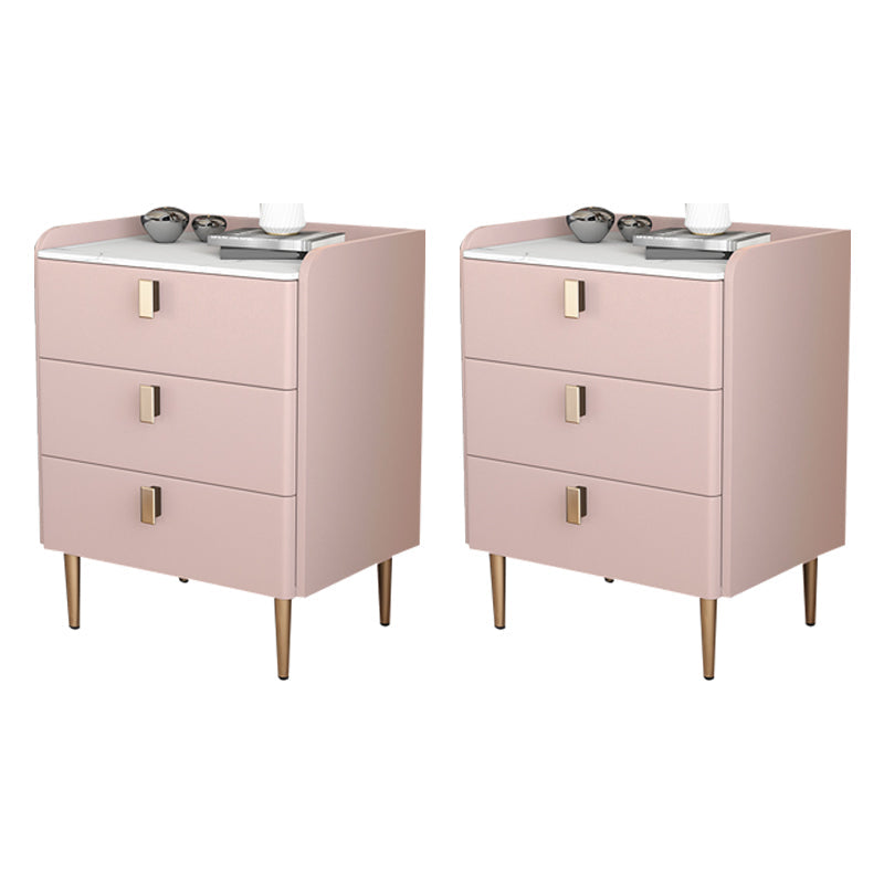 Contemporary Bed Nightstand Stone Bedside Cabinet with 3 Drawers Pink Gold 2 Piece Set Clearhalo 'Bedroom Furniture' 'furn' 'furn_night_stand' 'Furniture' 'night_stand' 'Nightstands' 7357073
